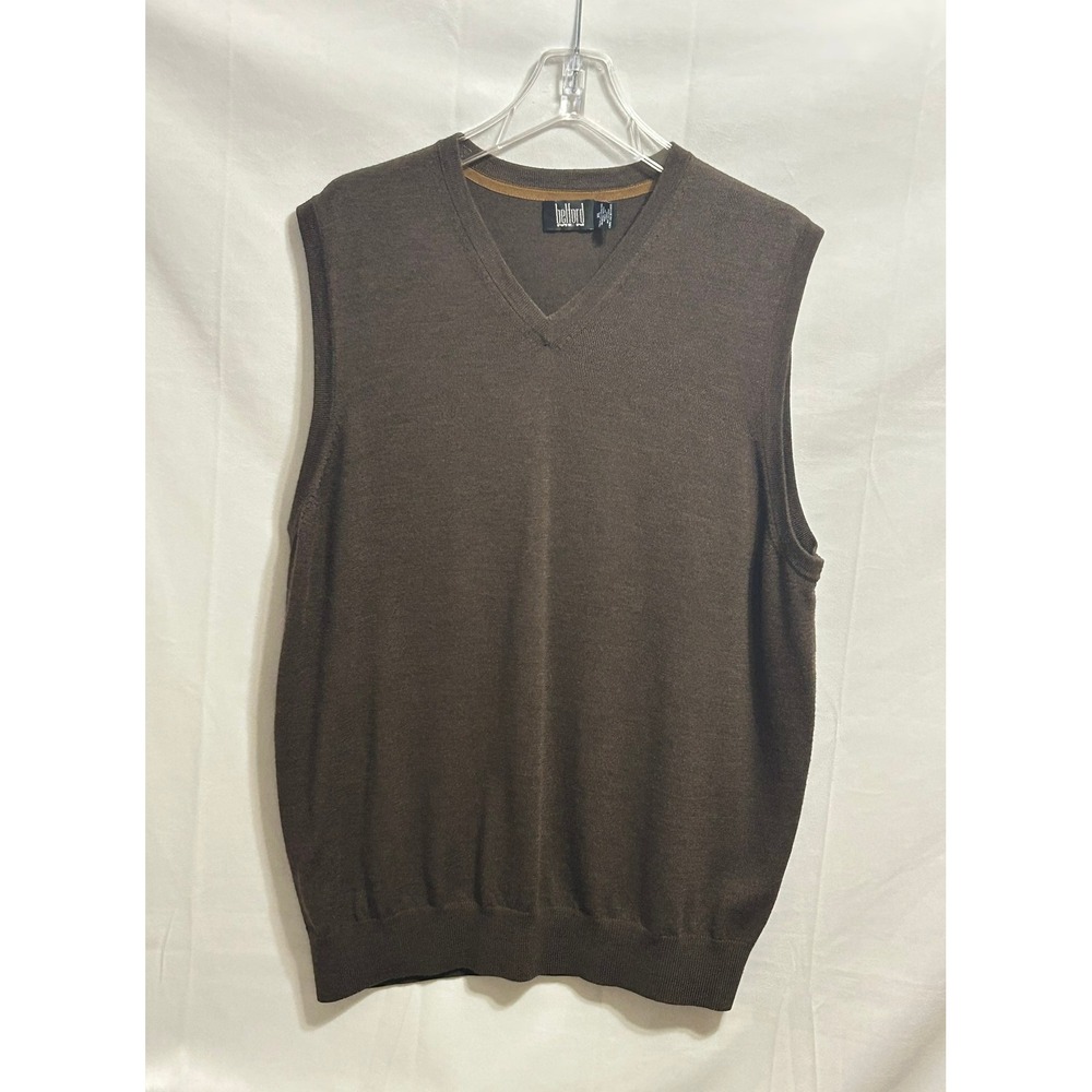 Belford Men Brown 100% Extrafine‎ Merino Wool V-Neck Sweater Vest XL Sleeveless